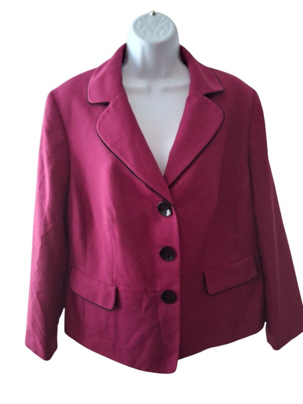 Le Suit Womens 14W Fuchsia Pink Blazer Black Trim Career Preppy Statement Jacket